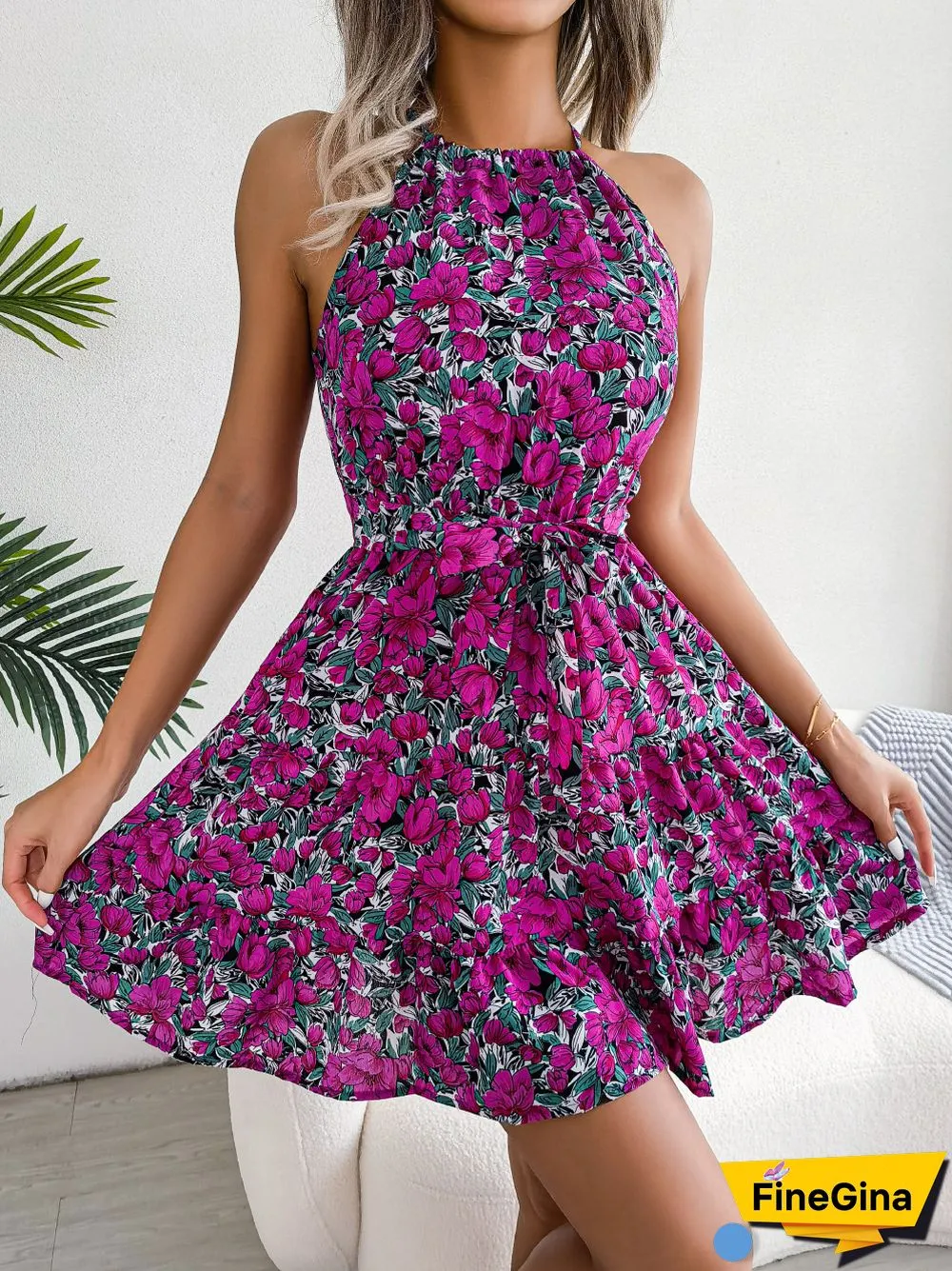 Elegant Floral Print Halter Dress For Women Summer Dresses New Casual Lace-up Ruffled High Waist A-line Mini Dress