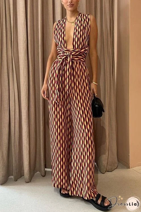 Meridress Chic Back Criss Cross Knot Waist Wide Leg Printed Jumpsuit