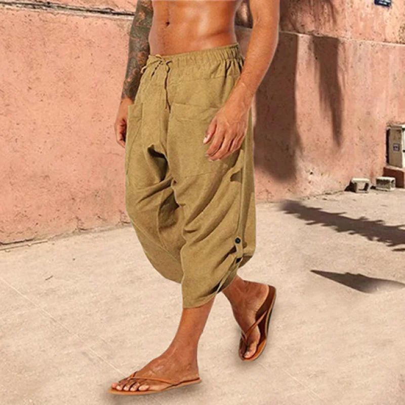 Men's Boho Linen Drawstring Pockets Casual Loose 7 Point Pants