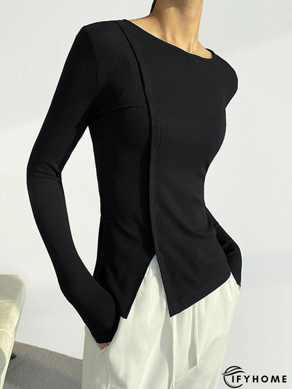 Daily Crew Neck  Split Plain Long Sleeve Knit | IFYHOME