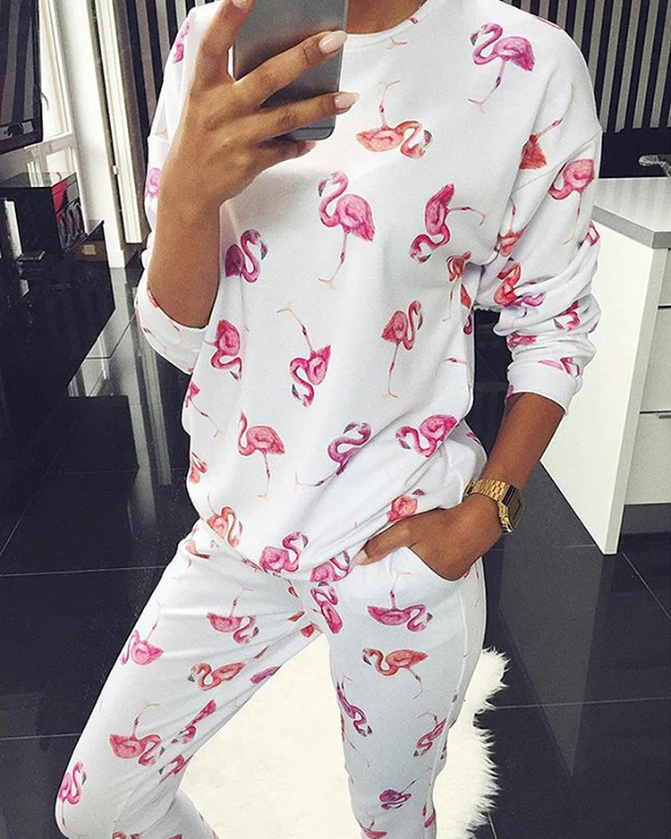Fashion Loose Long Sleeve Printed Casual Suit