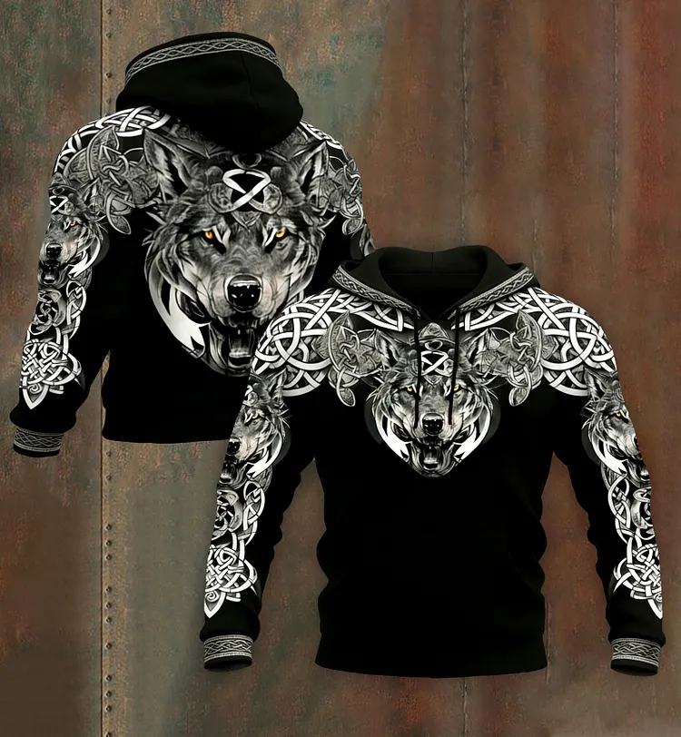 Men's Retro Viking Wolf With Celtic Knot Print Graphic Hoodie