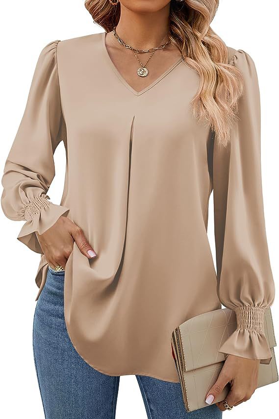 Vurtigorasn Women's New Solid Color Chiffon Shirt V-neck Pullover Flared Long Sleeved Top Shirt Office Lady Elegant Khaki Loose Blouses