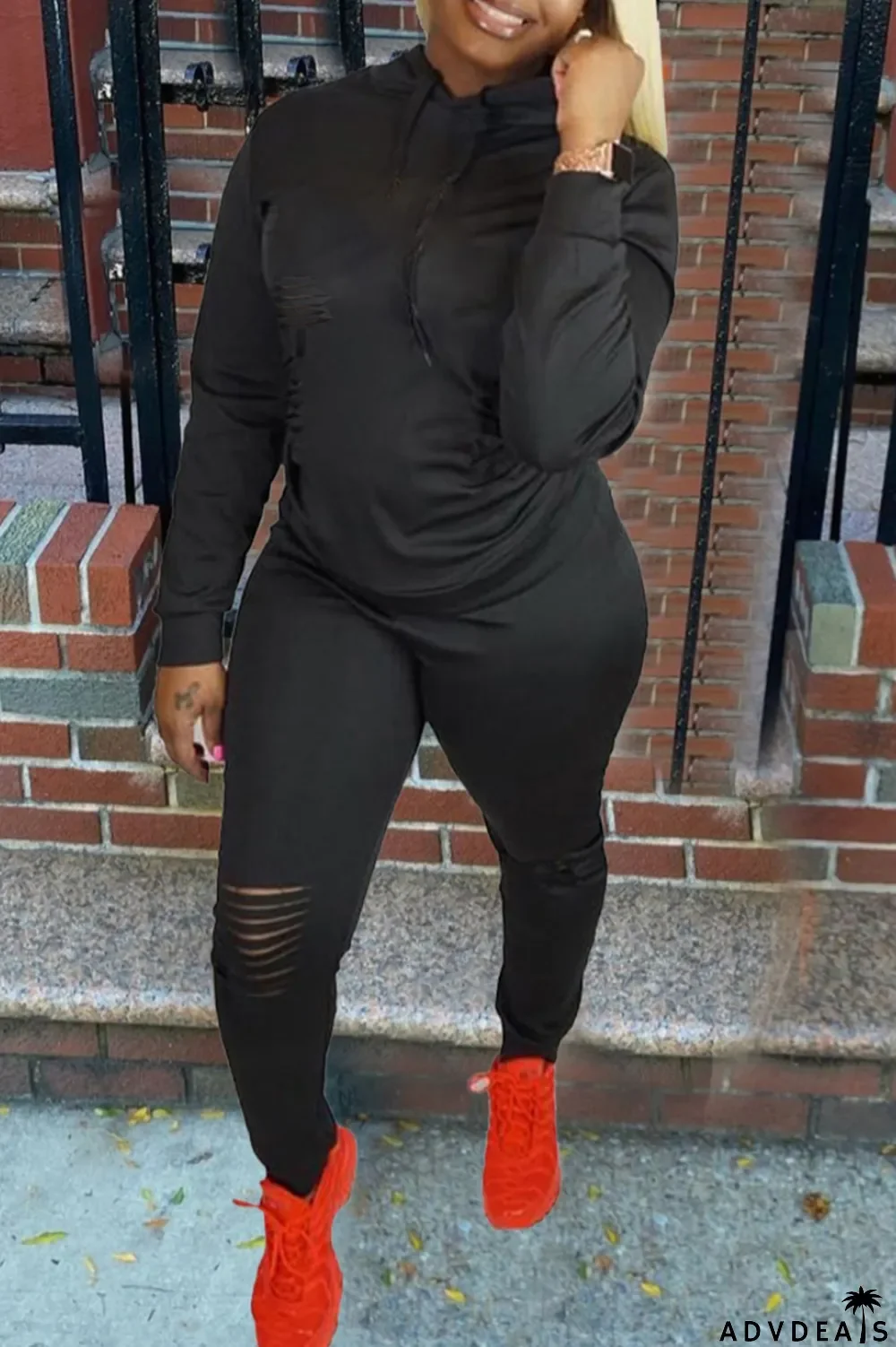 Brown Fashion Solid Ripped Hooded Collar Long Sleeve Two Pieces