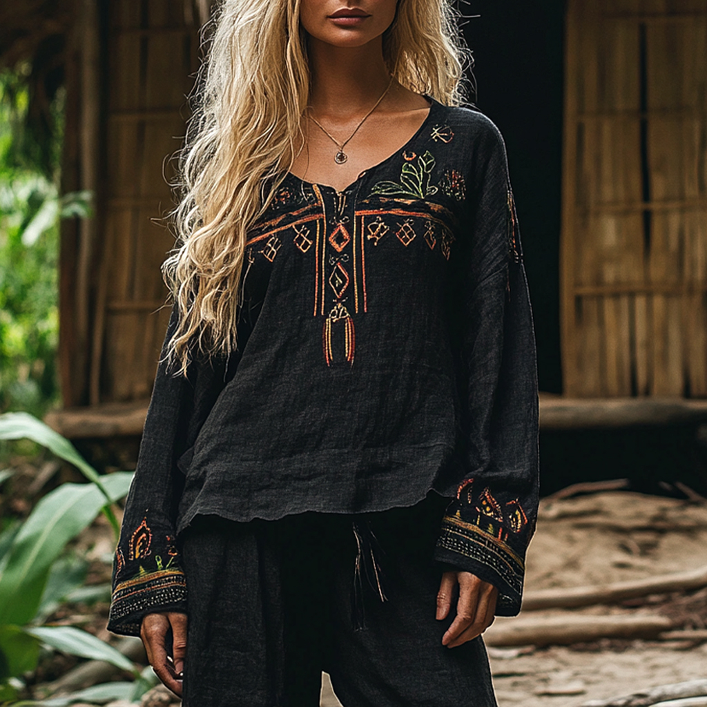 Women's Bohemian Vacation Retro Embroidered Printed Casual Long Sleeve Top