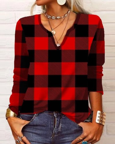 Casual V Neck Red Plaid Long Sleeve Top
