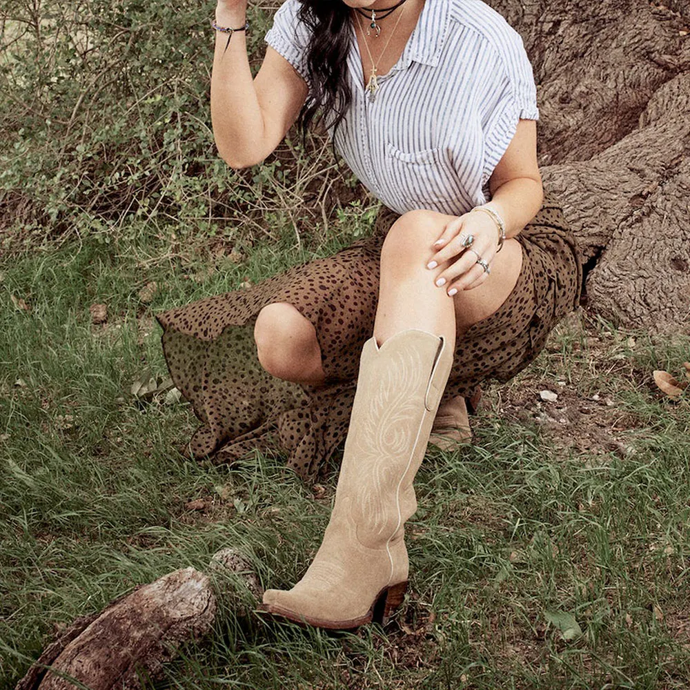Khaki Snip Toe Embroidered Chunky Heel Western Boots for Women