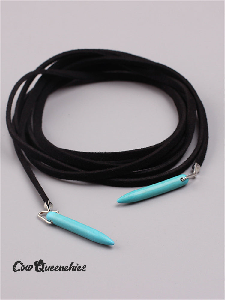 Western Turquoise Pendant Leather Necklace Black / one size