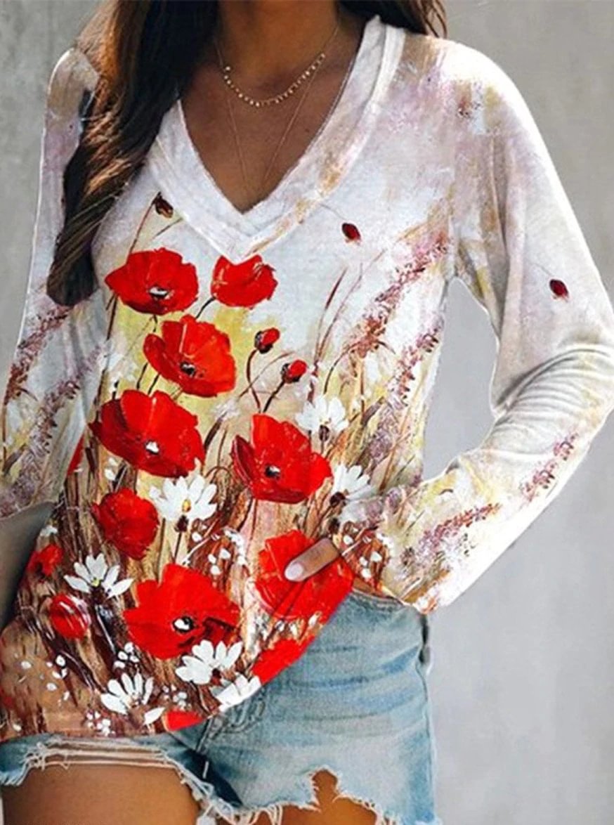 Floral Print Long Sleeve Round Neck Top | EGEMISS