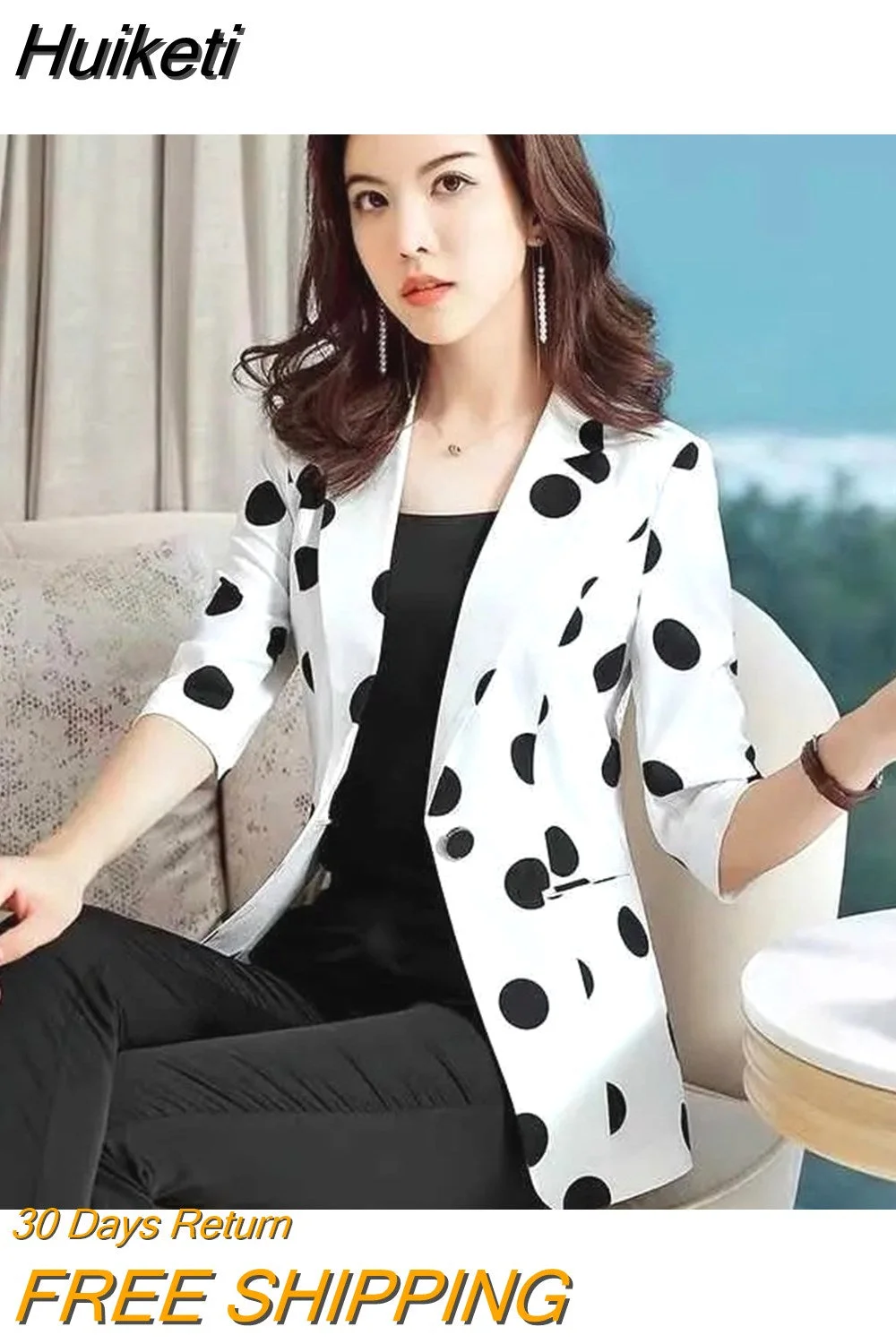 Huiketi Suit Jacket Female Spring Summer 2023 New Korean Thin Section Slim Fashion Polka Dot A Buckle Blazer Female