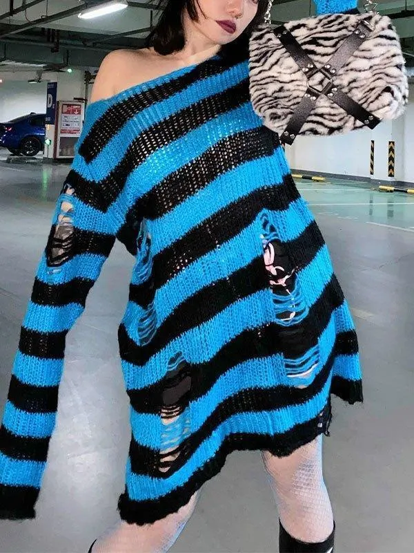 Brownm Distressed Stripe Longline Sweater