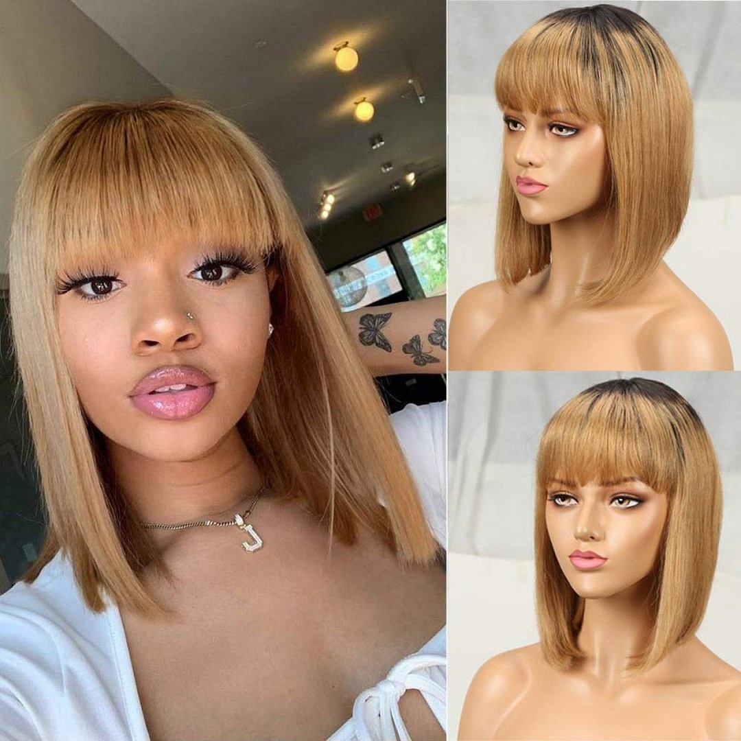 Short Straight Wig Light Brown Bob Wig With Bangs