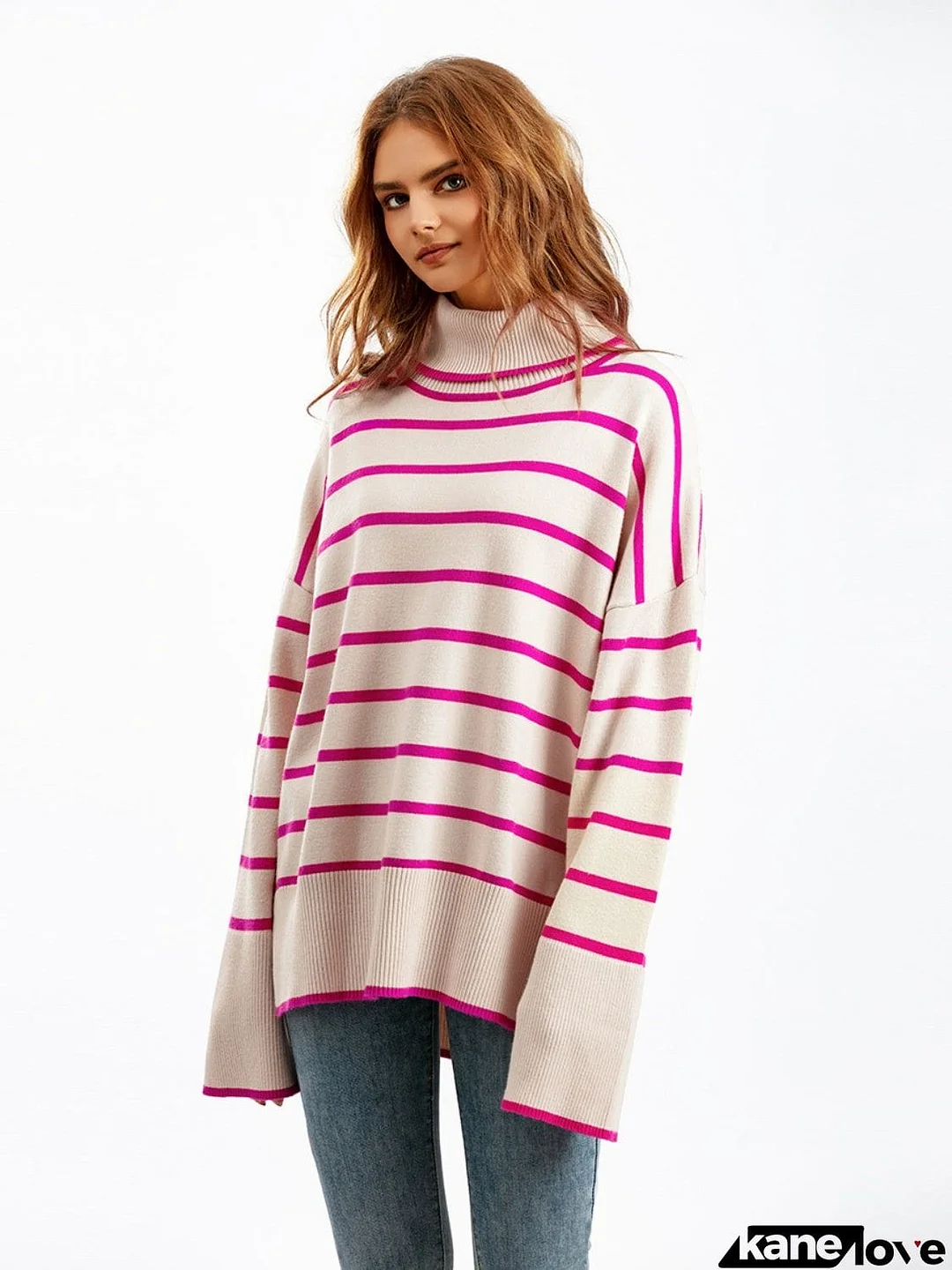Striped Drop Shoulder Turtleneck Sweater