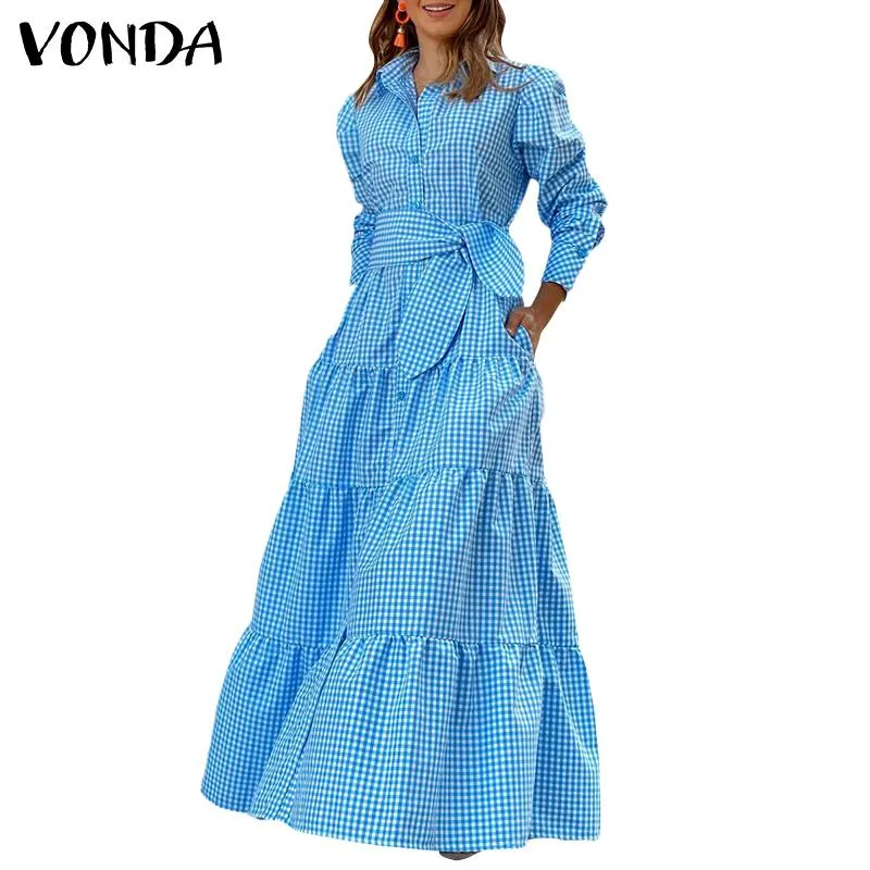 2022 Summer Bohemian Plaid Shirt Dress VONDA Women Long Sleeve Party Dresses Casual Lapel Button Vintage Belted Pockets Sundress