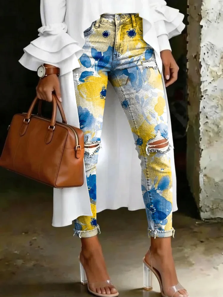 Women's Fashion Ombr&eacute; Watercolor Floral High-waisted Skinny Ripped Casual Jeans With Artistic Print