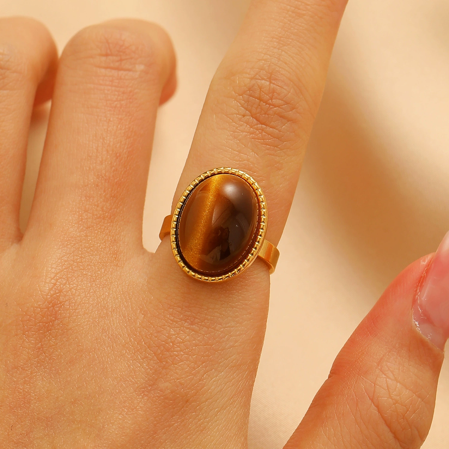 Turquoise/Tiger Eye Gold-Plated Open End Ring