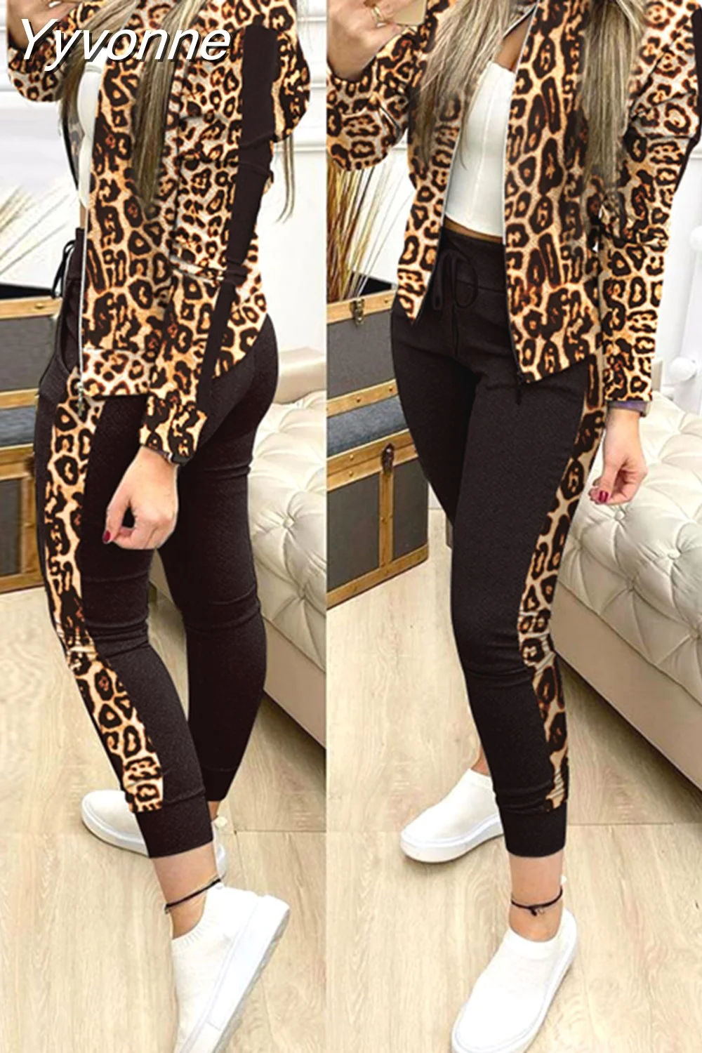 Yyvonne Leopard 2 Two Piece Set Women Outfits Activewear Zipper Top Leggings Women Matching Set Tracksuit Female Outfits for Women