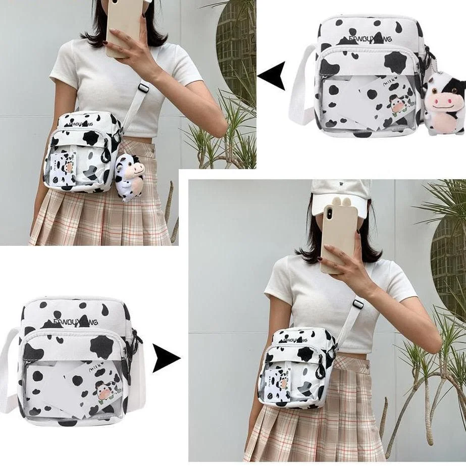 Multi-functional Cow Milk Pattern Canvas Crossbody Bag SP15801