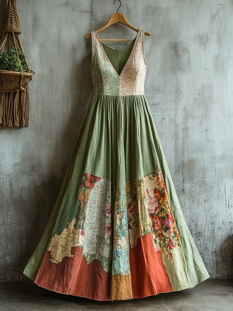 Comstylish Vintage Floral & Map Patchwork Linen Maxi Dress