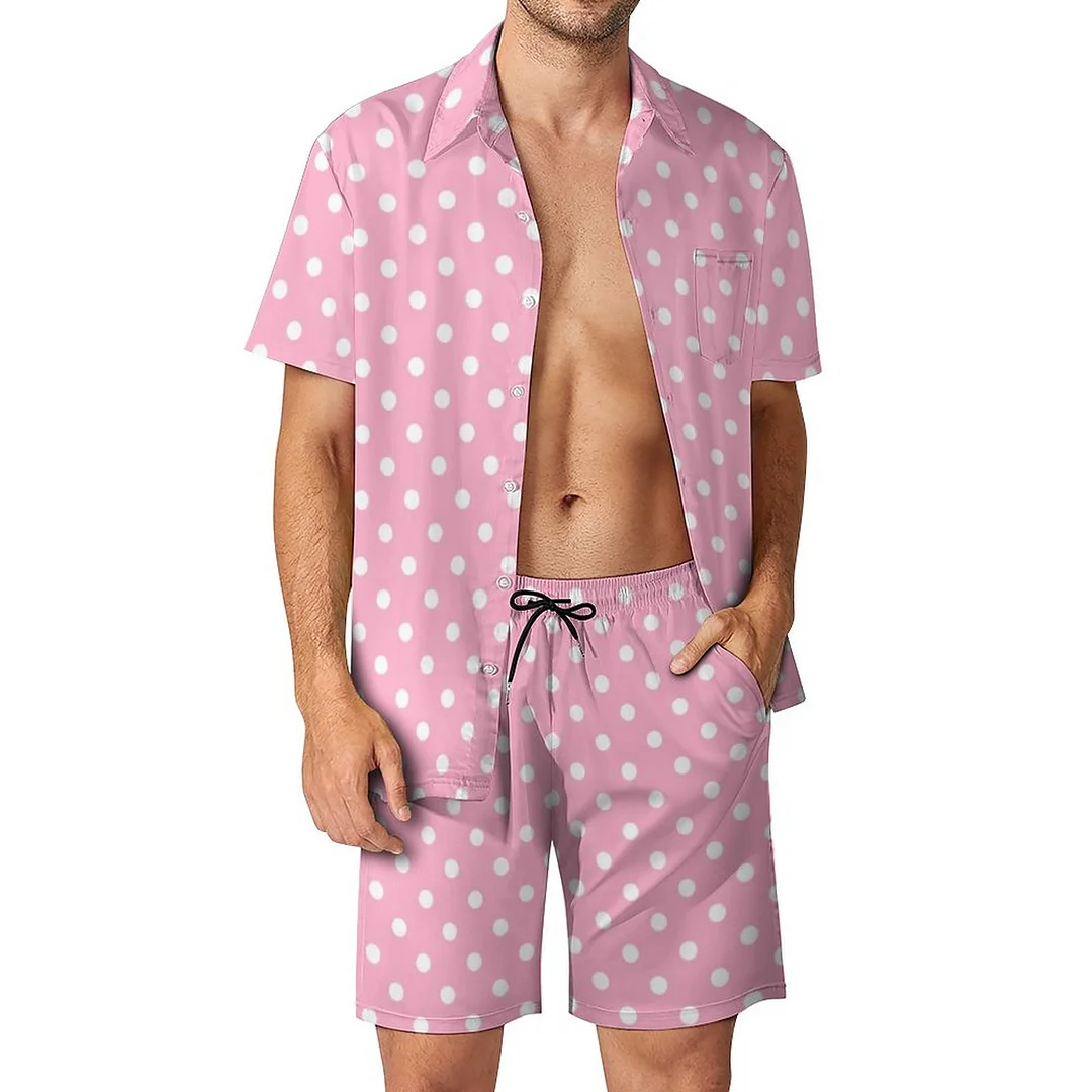 Pink Polka Dots Men Hawaiian 2 Piece Outfit Vintage Button Down Beach Shirt Shorts Set Tracksuit with Pockets