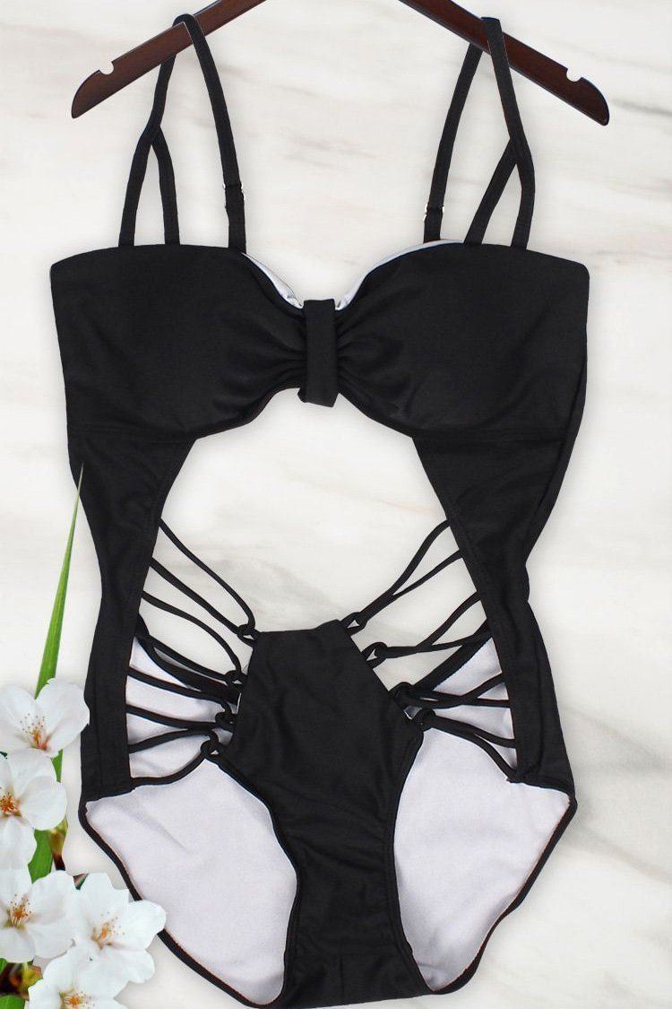 Black Strappy Caged Cutout Sexy Monokini Swimsuit-elleschic