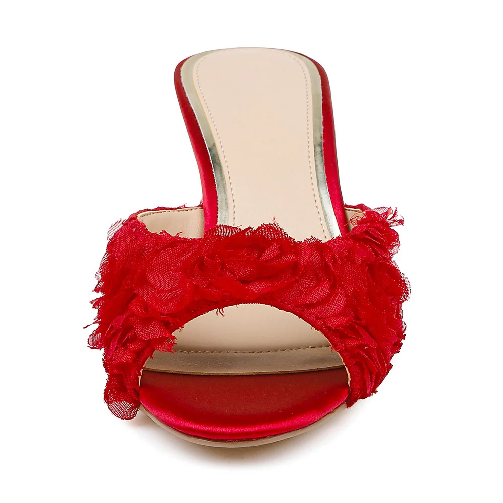 Elegant Red Peep Toe Stiletto Heel Ruffle Slip On Mules for Women