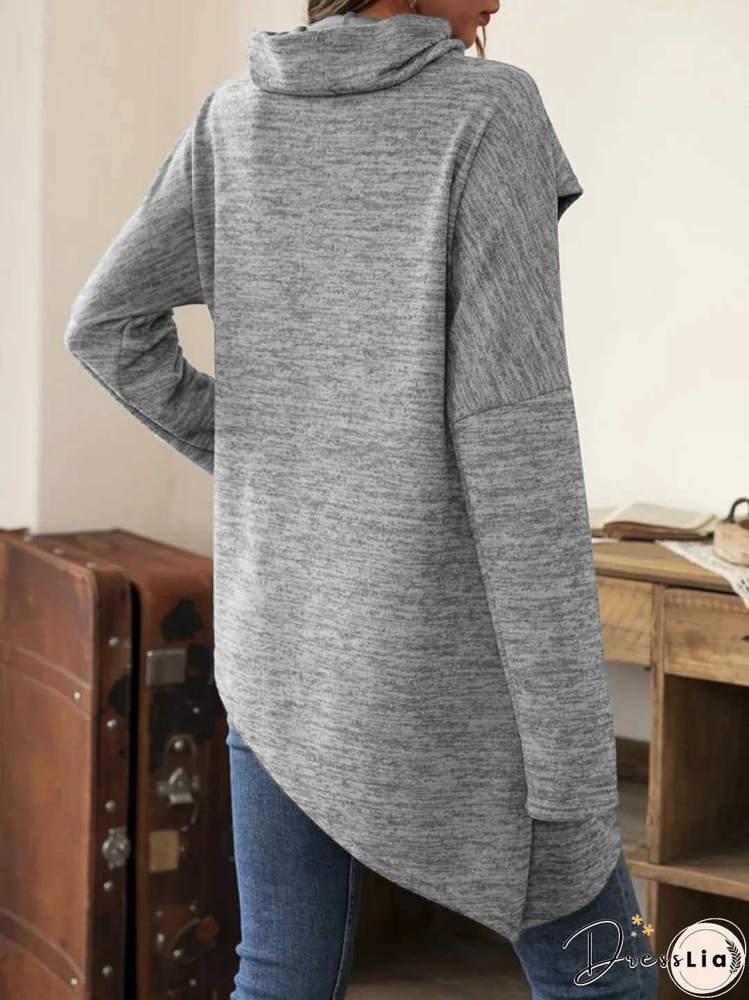 Asymmetrical Hem Cowl Neck Long Sleeve T-Shirt