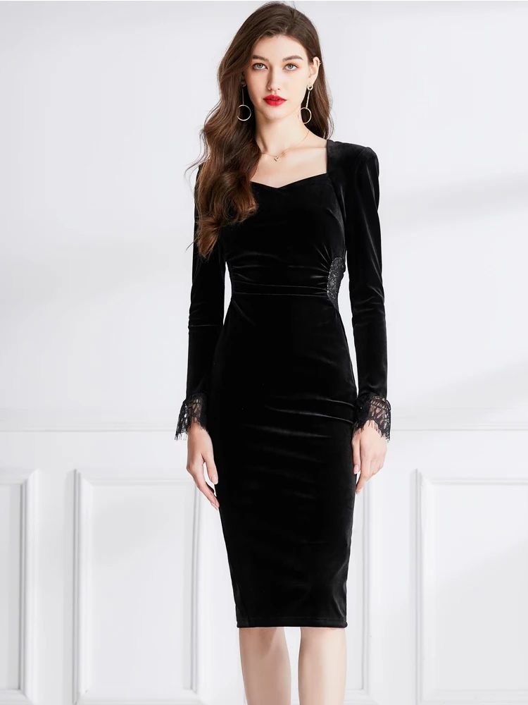 French Sexy Party Black Velvet Bodycon Dress Women's Square Collar Flare Sleeve Lace Patchwork Design Pencil Party Vestidos