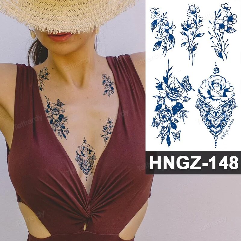 Juice Ink Tattoo Flower Rose Leaf Waterproof Temporary Bird Snake Sexy Body Arm Leg Henna Tattoo Fashion Big Fake Sleeve Sticker