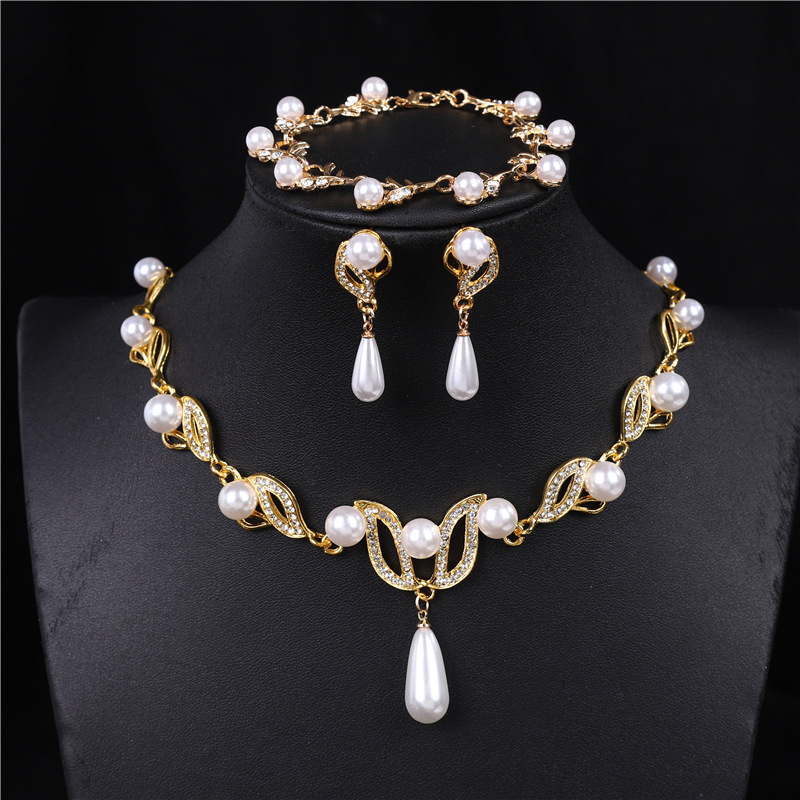 Wedding Gold Pearl Pendant Rhinestone Necklace Earrings Bracelet Three Piece Jewelry Set 2024 - Flycurvy 