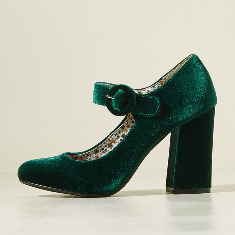 TAAFO Velvet Round Toe Buckle Heels Block Heels Are Comfortable