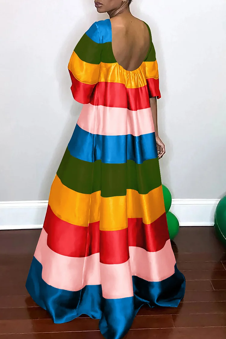 Plus Size Formal Colorblock Rainbow Print Short Sleeve Maxi Dresses 