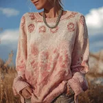 Vintage Boho Roses Pattern Round Neck Cozy Knit Sweater - Image 2