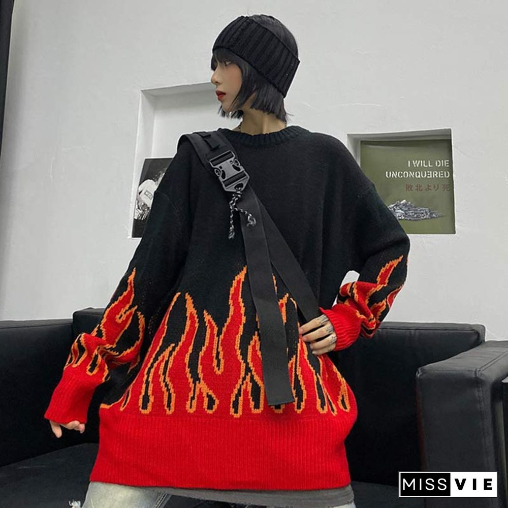 Chic Colorblock Knit Flame Print Sweater