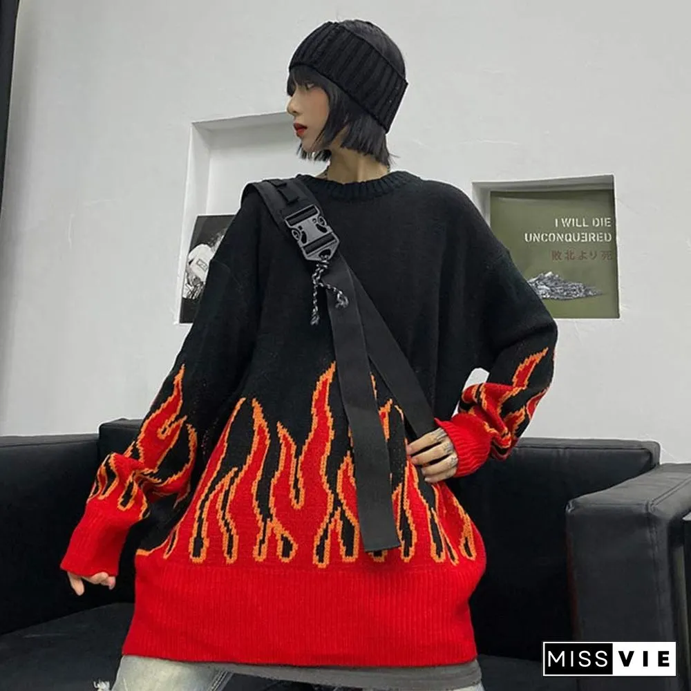 Chic Colorblock Knit Flame Print Sweater