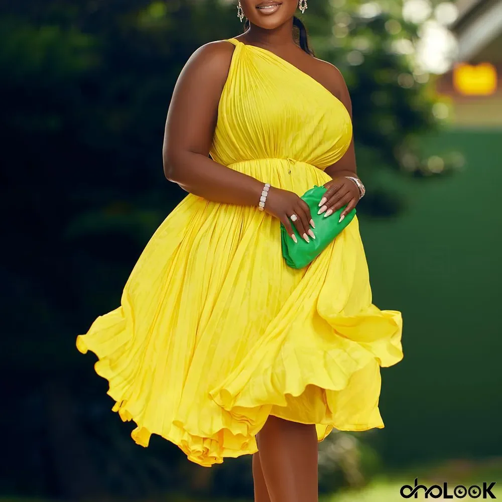 Plus Size African Women Summer Pleated Slash Shoulder Lace-Up Solid Dress