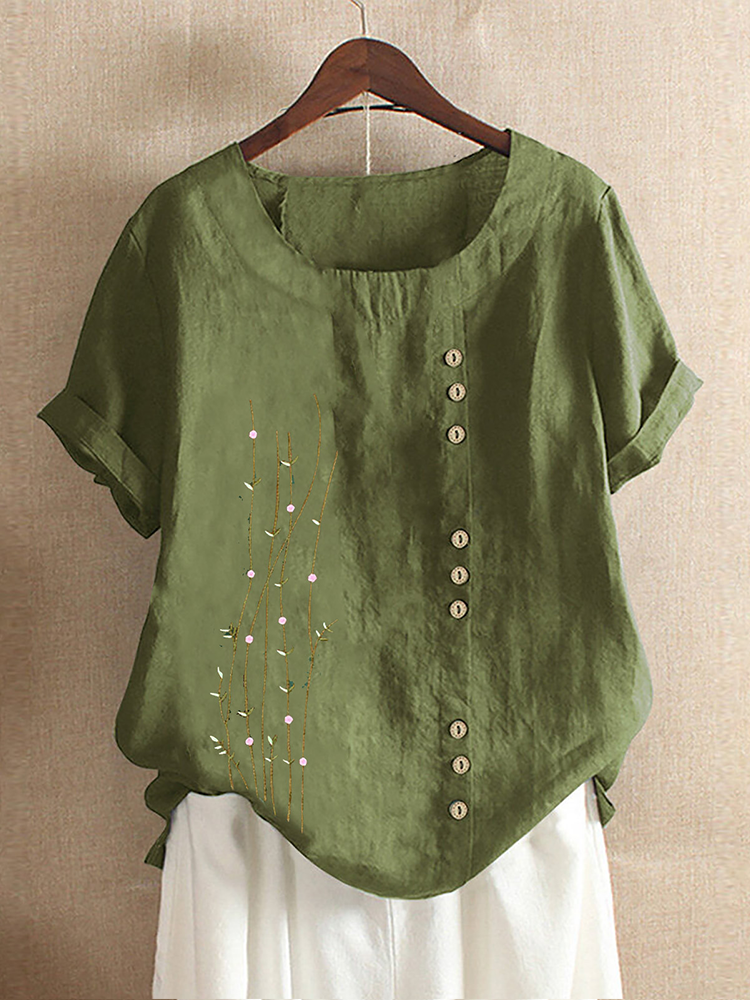 Ladies Bamboo Print Casual Loose Short Sleeve Pullover T-Shirt