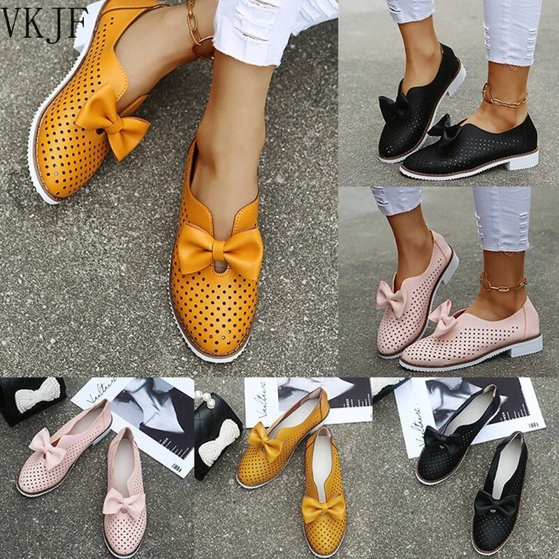 Women Bowknot Flats 2021 Summer Hollow Breathable Pointed Toe Ladies Slip On Loafers 35-43 Large-Sized Female Home Office Shoes