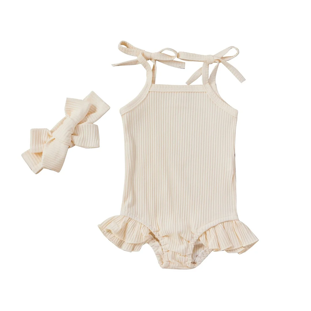 Infant Newborn Baby Girls Summer Ribbed Cotton Outfits, Sleeveless Self Tie Strap Ruffle Bodysuit with Headband Set