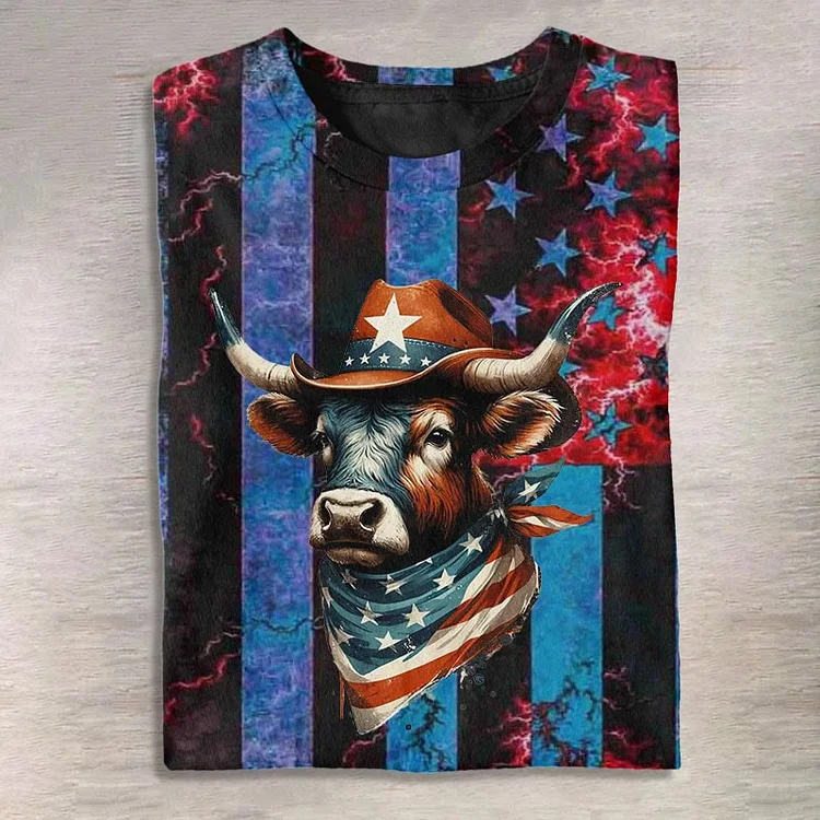 Women's Vintage American Flag Western Cow Print Casual Short Sleeve T-shirt