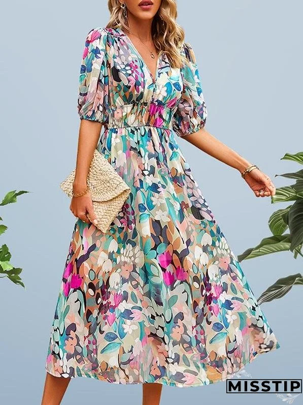 V Neck Floral Midi Dress