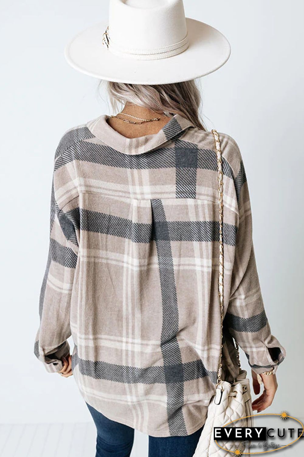Khaki High Low Brushed Plaid Oversize Shirt