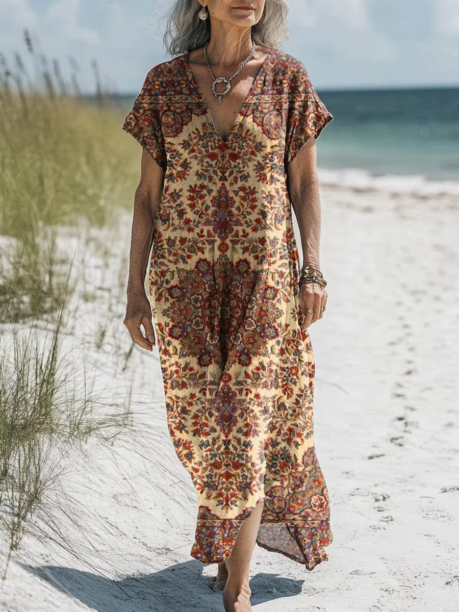 Women's Vintage Lovely Floral Art Print Pocket Cotton Dress