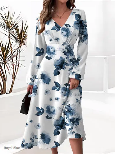 Women's Floral Solid Color Stitching V-neck Long Sleeve Dress