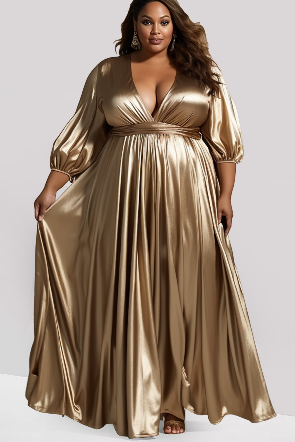 Design Plus Size Formal Maxi Dresses Elegant Gold Fall Winter Wrap Neck 3/4 Sleeve Pleated Metallic Glitter Fabric Maxi Dresses