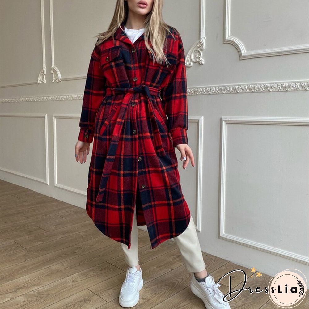 Retro Plaid Print Coat Ladies Casual Long Sleeve Lapel Single Breasted Woolen Coats Women Loose Lace Up Asymmetrical Jacket