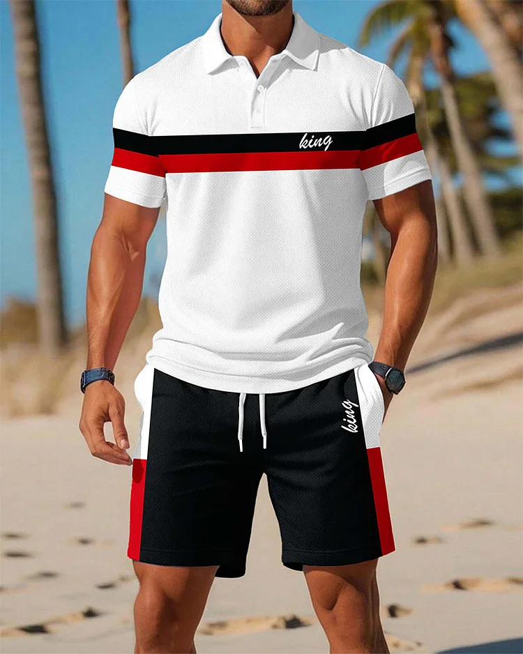 Men's Daily Casual Striped Alphabet Print POLO Collar Short Sleeve Shorts Suit