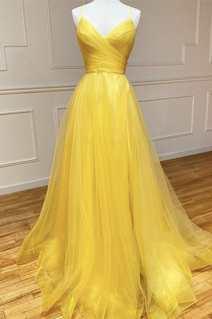 Oknass Amazing Yellow Spaghetti-Straps Prom Dress String Back