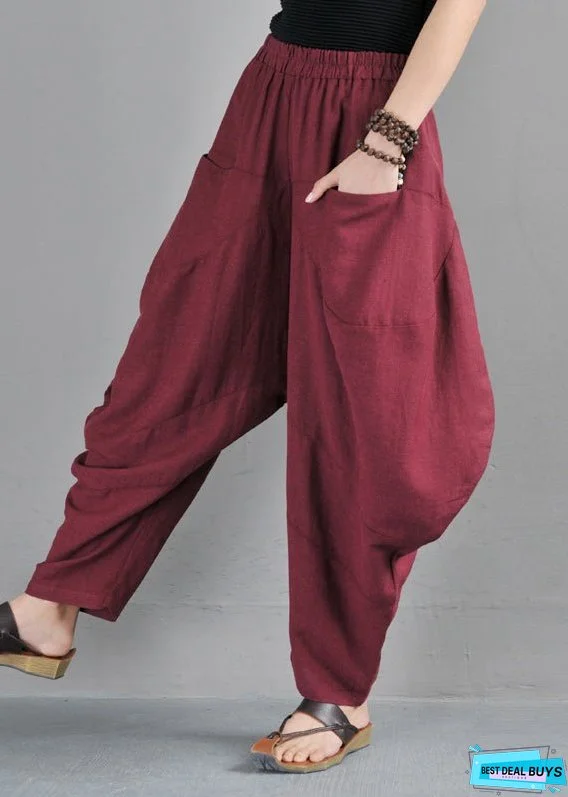 Red Elastic Waist Pockets Beam Pants Summer