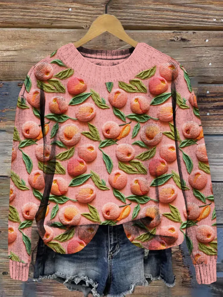 VChics Pink Peach Embroidery Art Cozy Knit Sweater